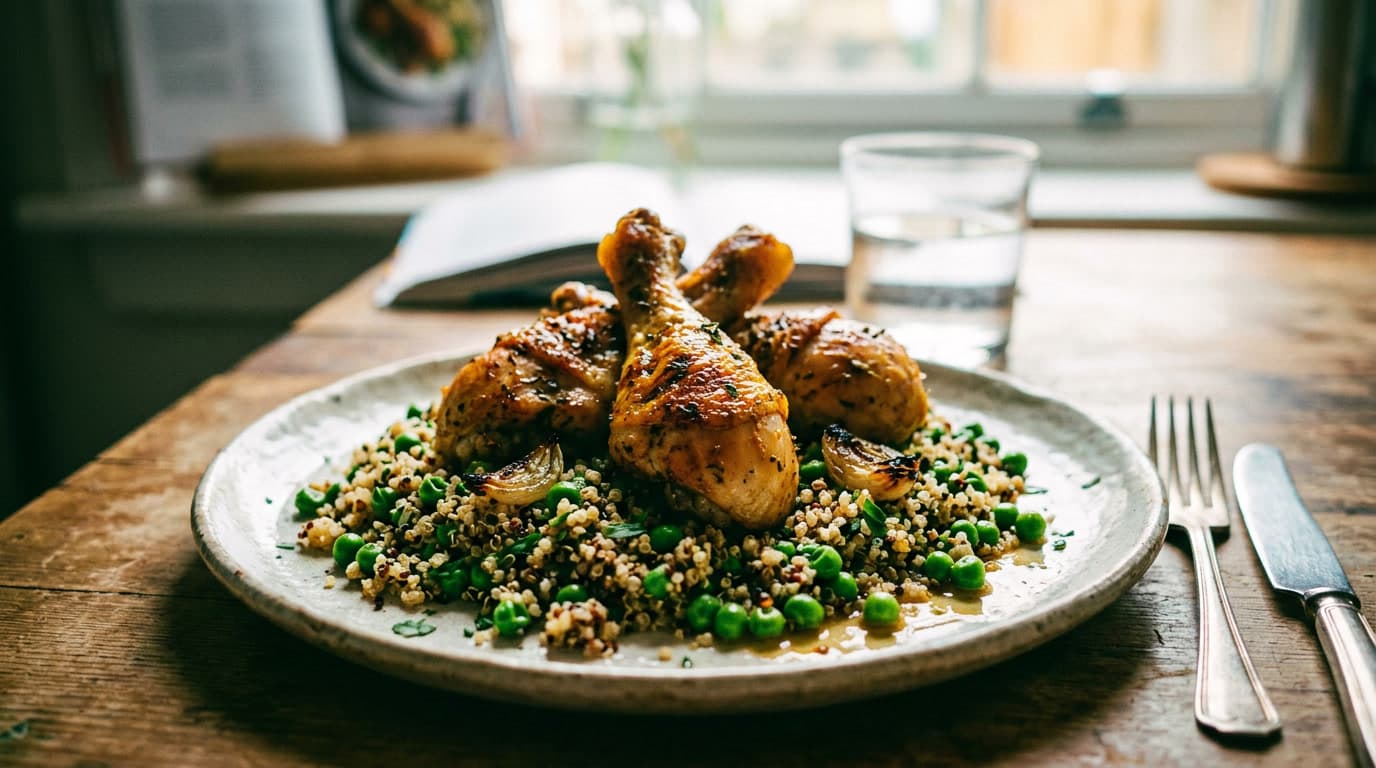 Photo of American-Style Chicken Drumsticks with Quinoa and Green Peas