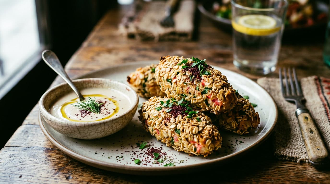 Photo of Crab and Tomato Koftas with Oat Crunch, served with Tahini Sauce