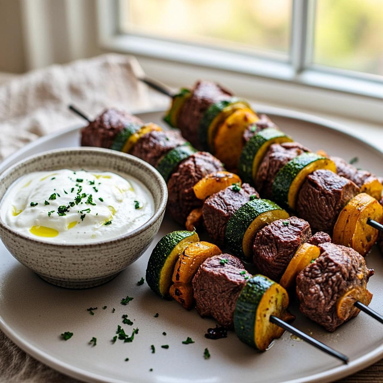 Photo of Greek Beef Kabobs with Yellow Squash and Oat Tzatziki Sauce