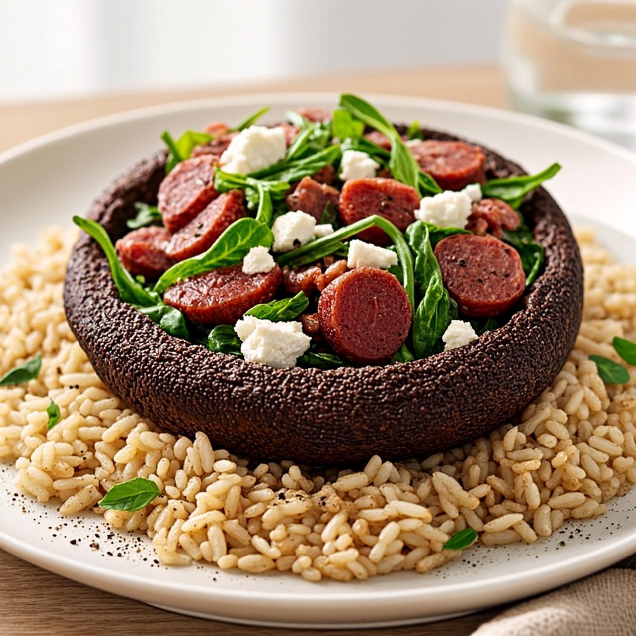 Photo of Greek Pepperoni and Arugula Stuffed Portobellos with Brown Rice Pilaf