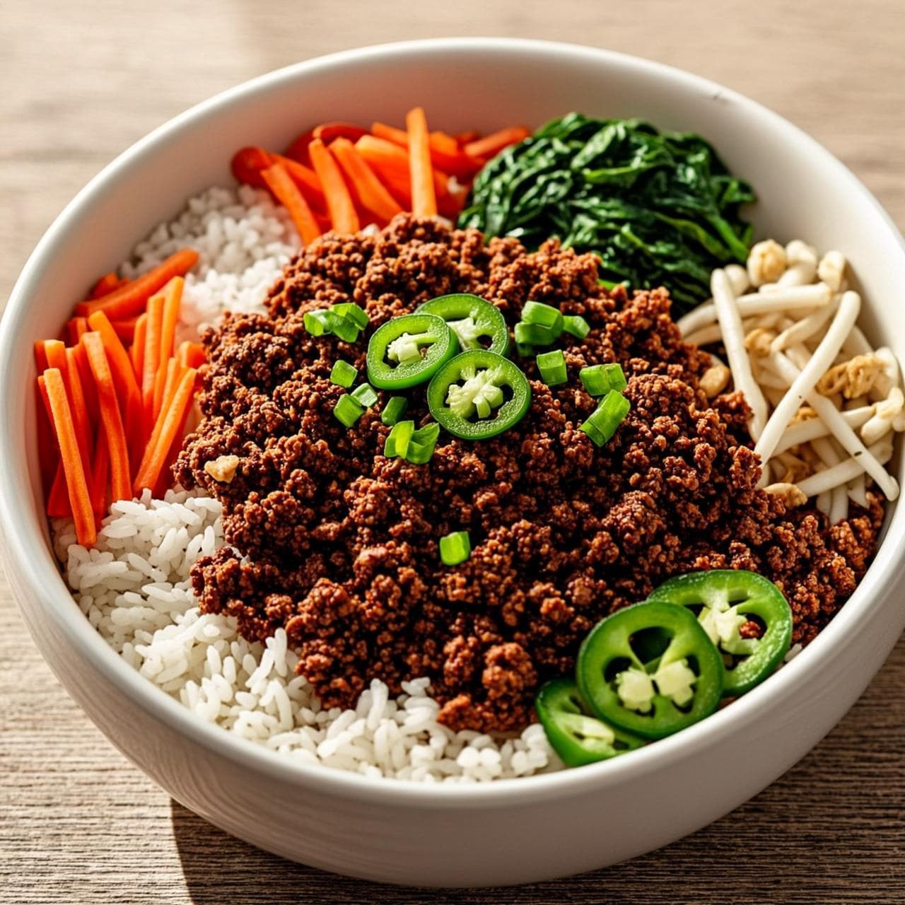 Photo of Korean-Style Jalapeño Ground Turkey Bibimbap with Basmati Rice
