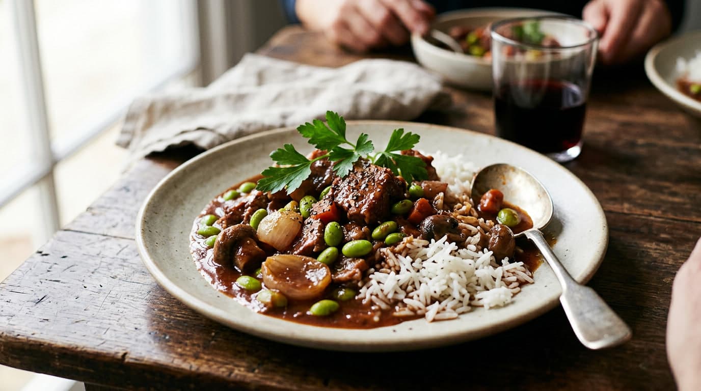 Photo of Pork and Edamame Bourguignon with Basmati Rice